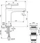 Waschtischarmatur der Marke Ideal Standard mit integrierter Push-Open Funktion und Abfluss. Abmessungen und technische Details sind im Diagramm angegeben.